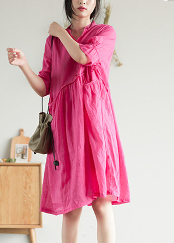 Modern Rose Stand Collar Patchwork Ramie Mid Dress Summer