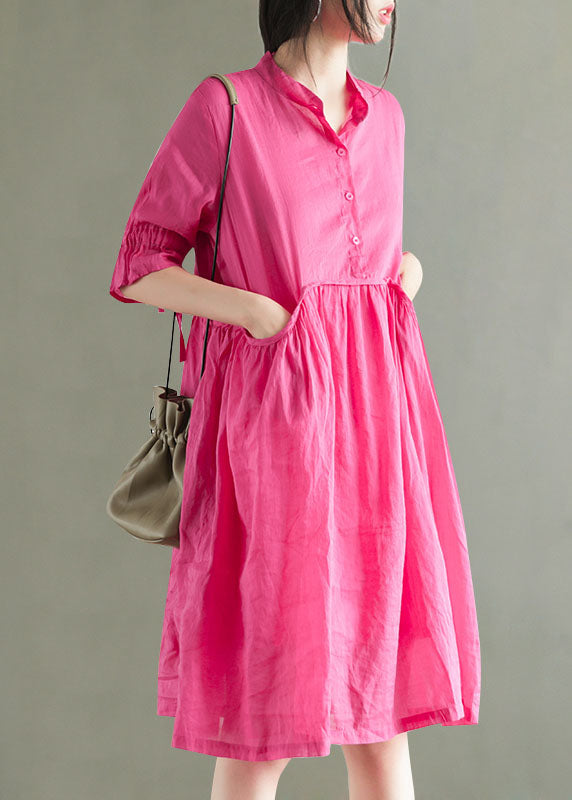 Modern Rose Stand Collar Patchwork Ramie Mid Dress Summer