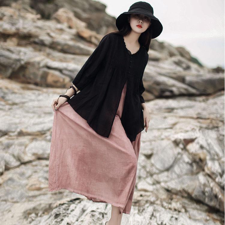 Modern Ruffled cardigan cotton linen women black Art shirts summer - Omychic