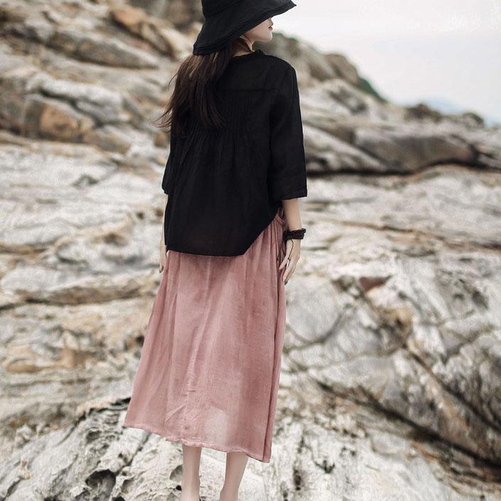 Modern Ruffled cardigan cotton linen women black Art shirts summer - Omychic