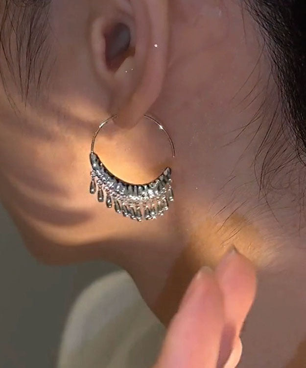 Modern Silk Metal Circle Watch Drop Tassel Hoop Earrings
