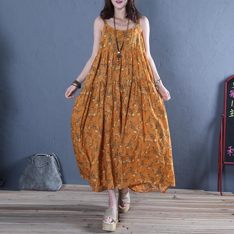 Modern Spaghetti Strap wrinkled cotton clothes For Women Photography yellow print long Dress summer - Omychic