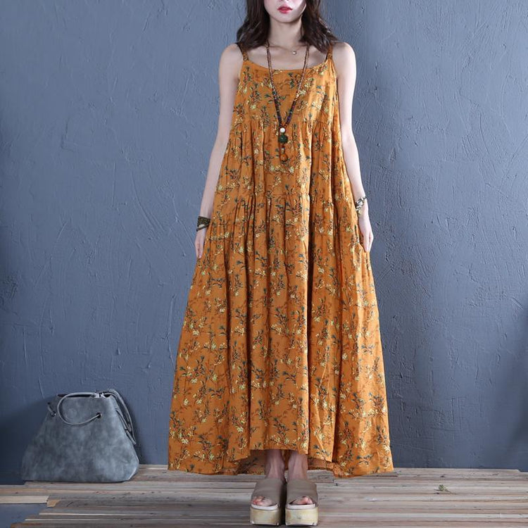Modern Spaghetti Strap wrinkled cotton clothes For Women Photography yellow print long Dress summer - Omychic