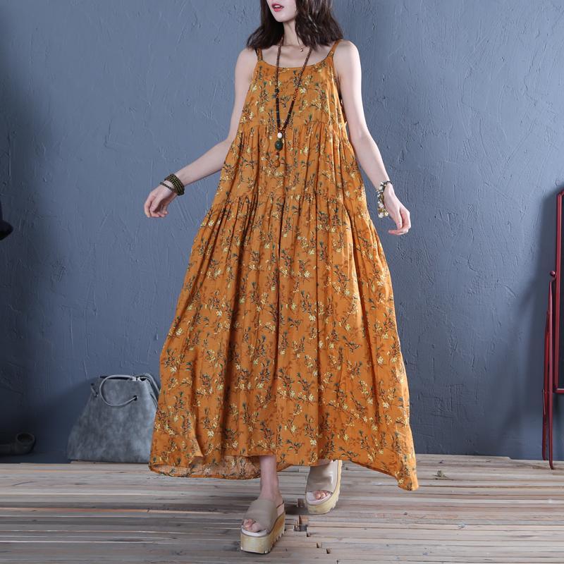 Modern Spaghetti Strap wrinkled cotton clothes For Women Photography yellow print long Dress summer - Omychic