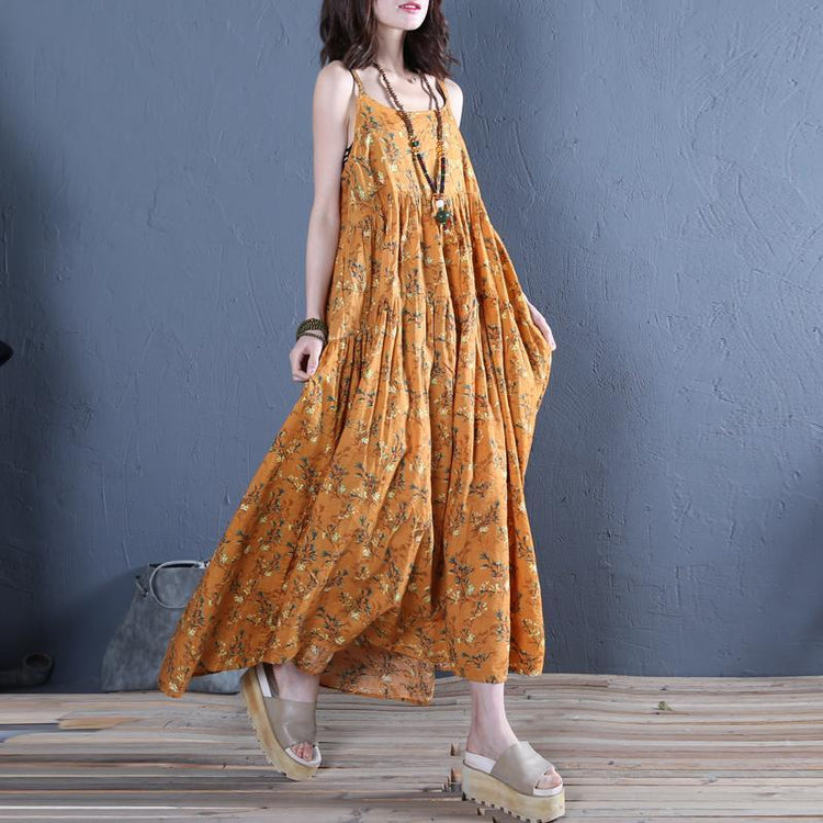 Modern Spaghetti Strap wrinkled cotton clothes For Women Photography yellow print long Dress summer - Omychic