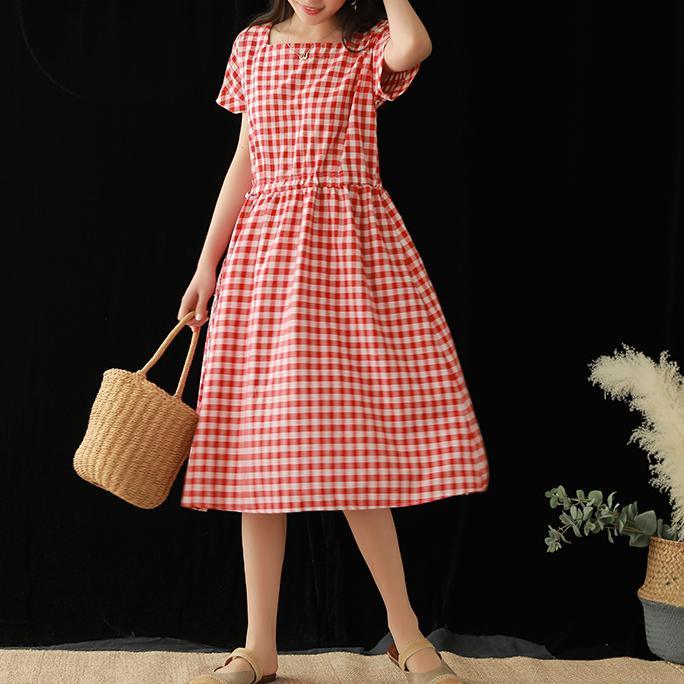 Modern Square Collar drawstring Cotton clothes Fabrics red Plaid Dresses summer - Omychic