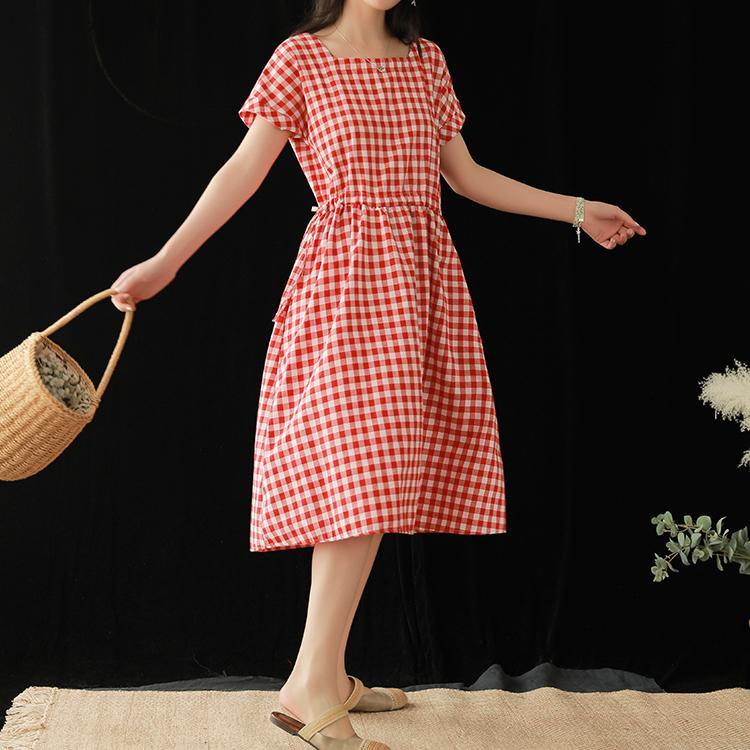 Modern Square Collar drawstring Cotton clothes Fabrics red Plaid Dresses summer - Omychic