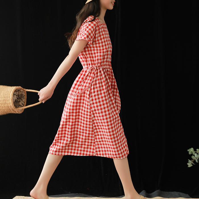 Modern Square Collar drawstring Cotton clothes Fabrics red Plaid Dresses summer - Omychic