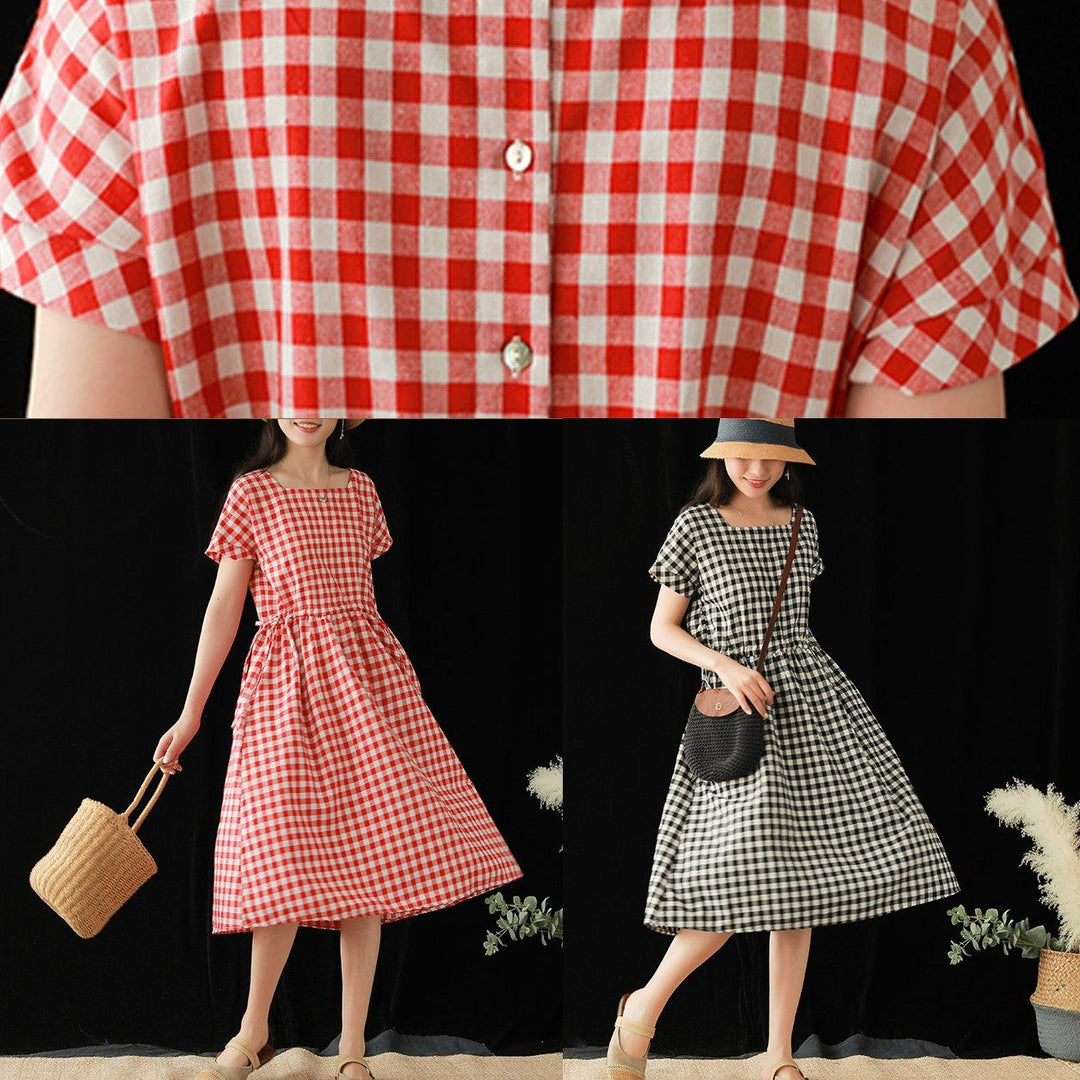 Modern Square Collar drawstring Cotton clothes Fabrics red Plaid Dresses summer - Omychic