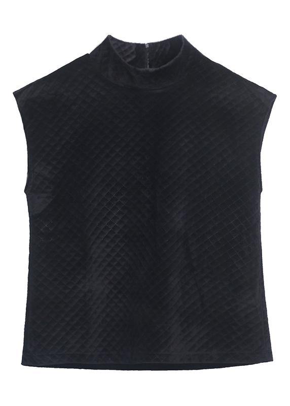 Modern Stand Collar Sleeveless crane tops pattern Black blouses - Omychic