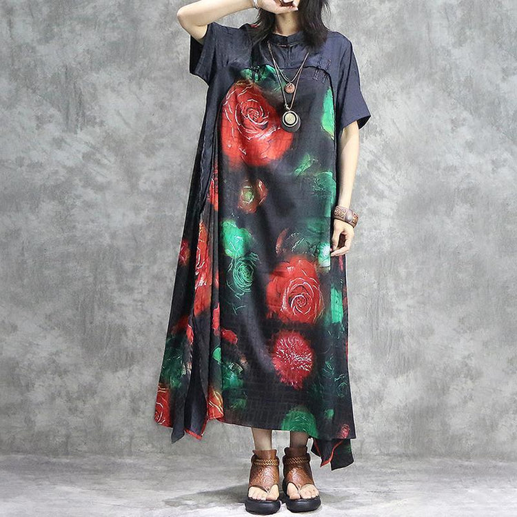 Modern Tunics Casual Summer Loose Red Floral Printed Chinese Cheongsam Dress - Omychic