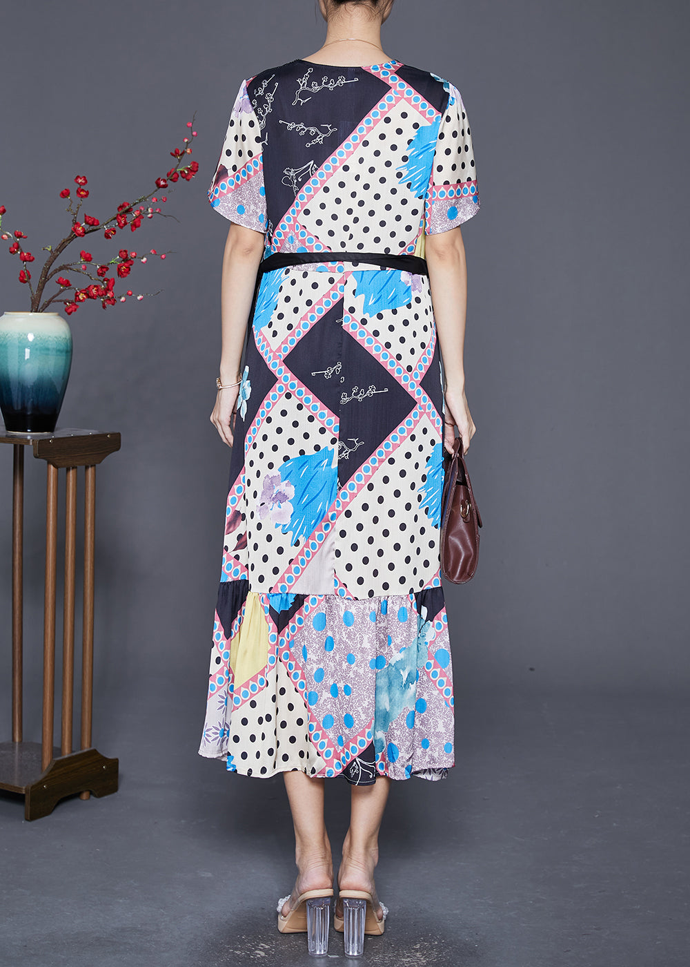 Modern V Neck Ruffles Patchwork Print Silk Dress Summer