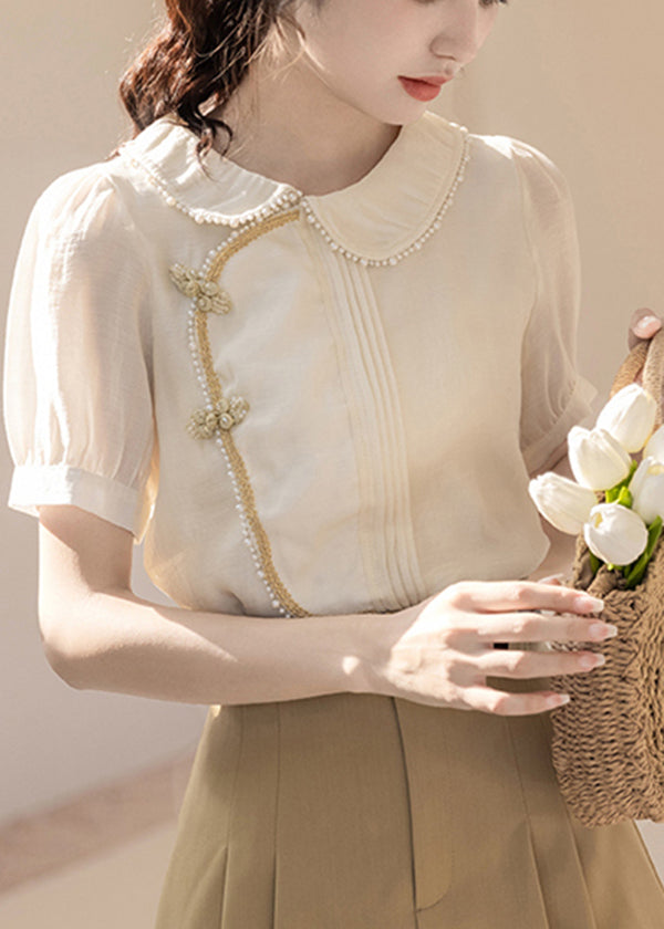 Modern White Asymmetrical Design Wrinkled Pearl Cotton Shirt Tops Puff Sleeve