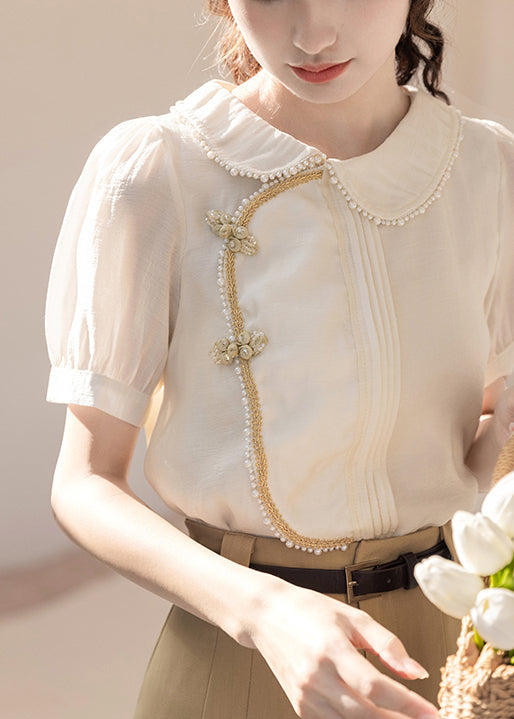 Modern White Asymmetrical Design Wrinkled Pearl Cotton Shirt Tops Puff Sleeve