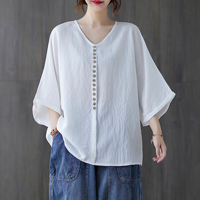 Modern White Button V Neck Cotton Tops Batwing Sleeve