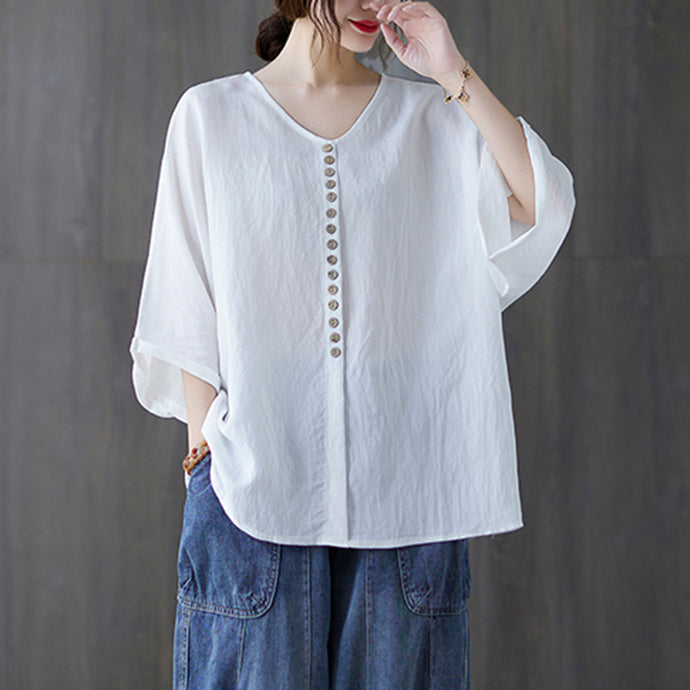 Modern White Button V Neck Cotton Tops Batwing Sleeve