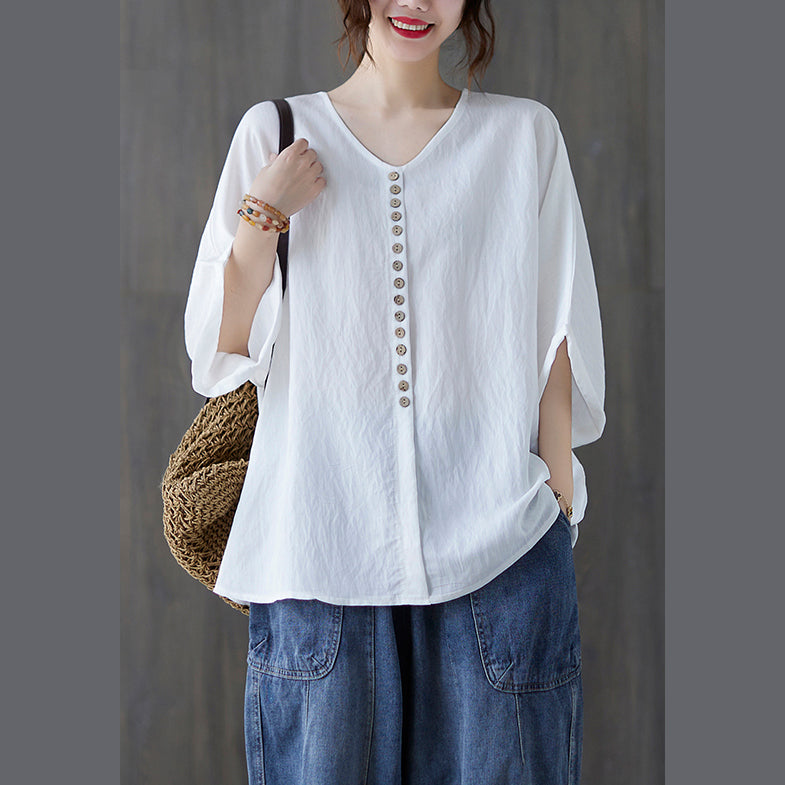 Modern White Button V Neck Cotton Tops Batwing Sleeve