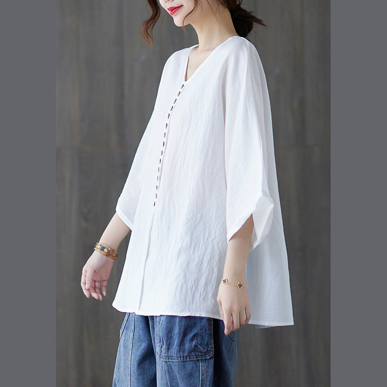 Modern White Button V Neck Cotton Tops Batwing Sleeve