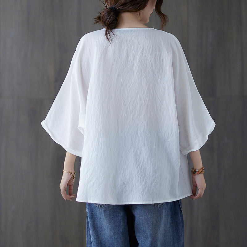 Modern White Button V Neck Cotton Tops Batwing Sleeve