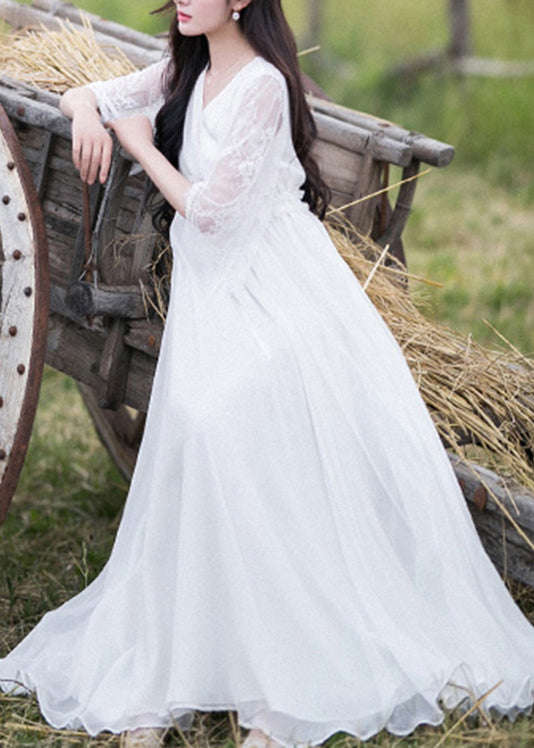 Modern White Cinched V Neck Hollow Out Lace Patchwork Chiffon Long Dress Half Sleeve