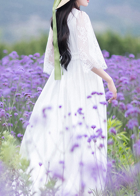Modern White Cinched V Neck Hollow Out Lace Patchwork Chiffon Long Dress Half Sleeve