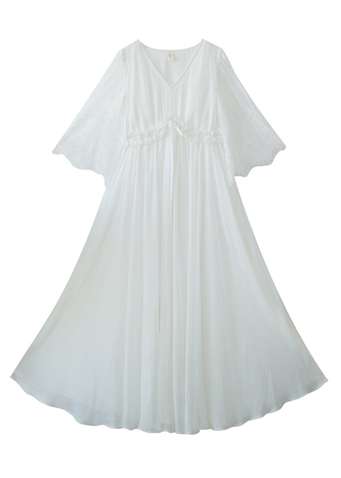 Modern White Cinched V Neck Hollow Out Lace Patchwork Chiffon Long Dress Half Sleeve