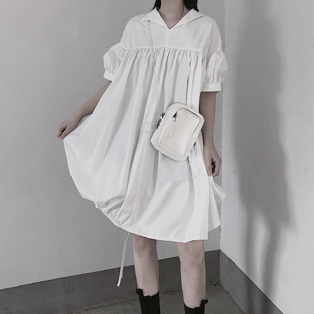 Modern White Dresses O Neck Drawstring loose Dress - Omychic