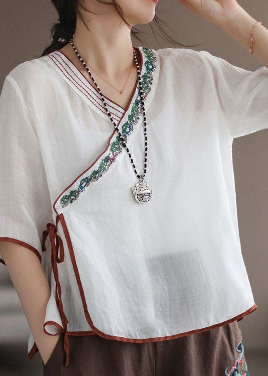 Modern White Embroideried Patchwork Linen Blouse Top Summer