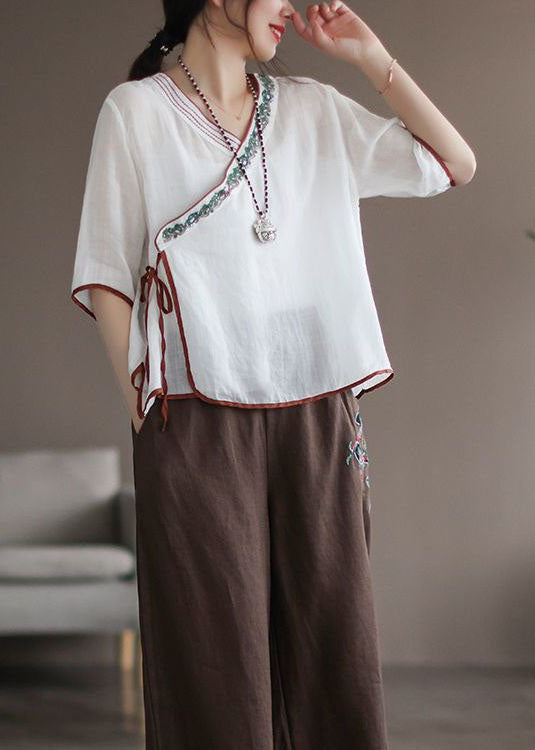 Modern White Embroideried Patchwork Linen Blouse Top Summer