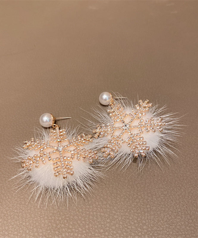 Modern White Fuzzy Fur Fluffy Snowflake Drop Earrings