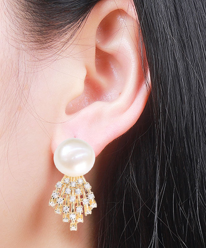 Modern White Sterling Silver Overgild Jade Zircon Stud Earrings