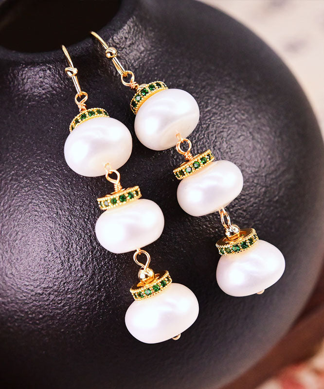 Modern White Sterling Silver Overgild Pearl Lantern Drop Earrings