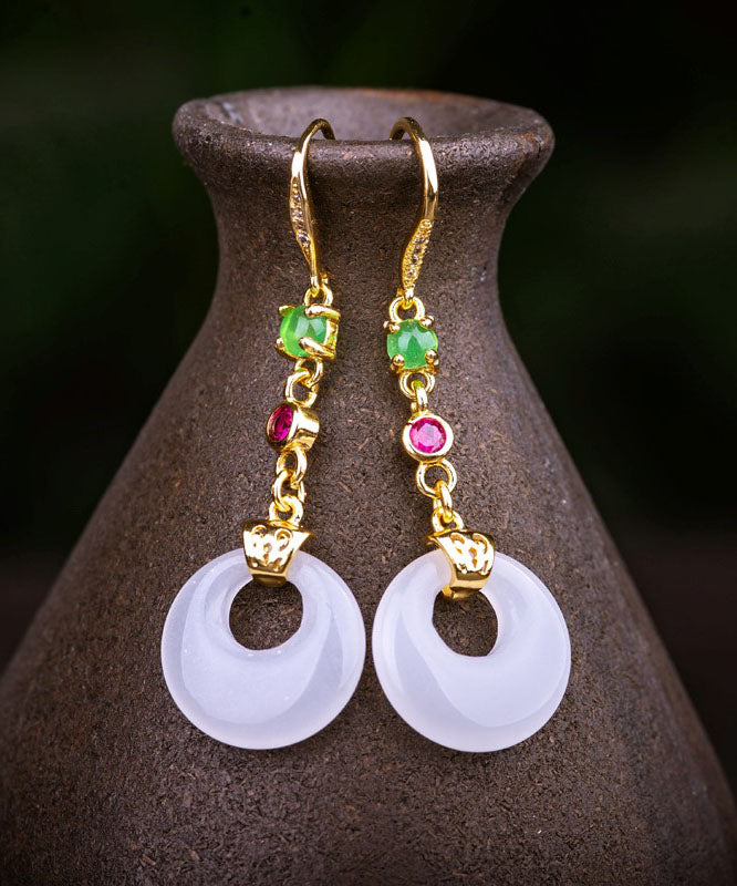 Modern White Sterling Silver Overgild Zircon Jade Drop Earrings