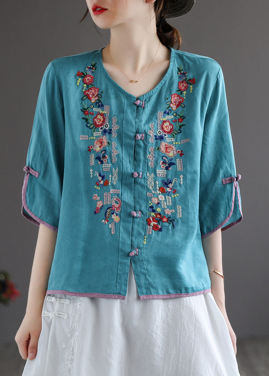 Modern White V Neck Embroideried Floral Button Linen Shirt Half Sleeve