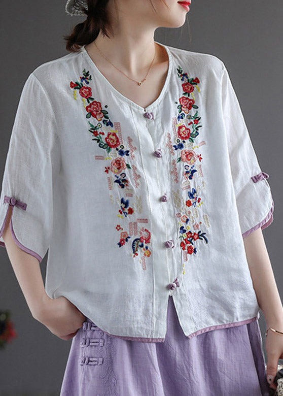 Modern White V Neck Embroideried Floral Button Linen Shirt Half Sleeve