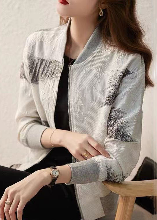 Modern White Zip Up Pockets Patchwork Cotton Jackets Fall