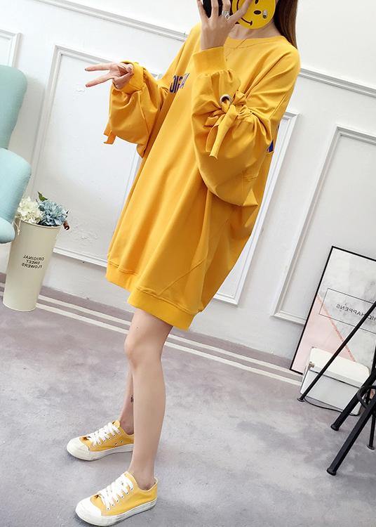 Modern Yellow Cotton Tunics Drawstring Art Spring Dresses - Omychic