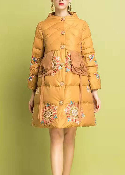 Modern Yellow Embroidered Button Fine Cotton Filled Parka Winter