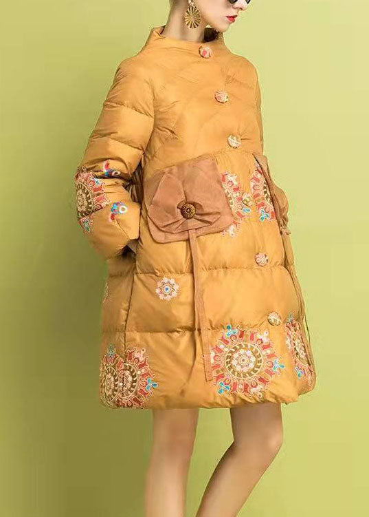 Modern Yellow Embroidered Button Fine Cotton Filled Parka Winter