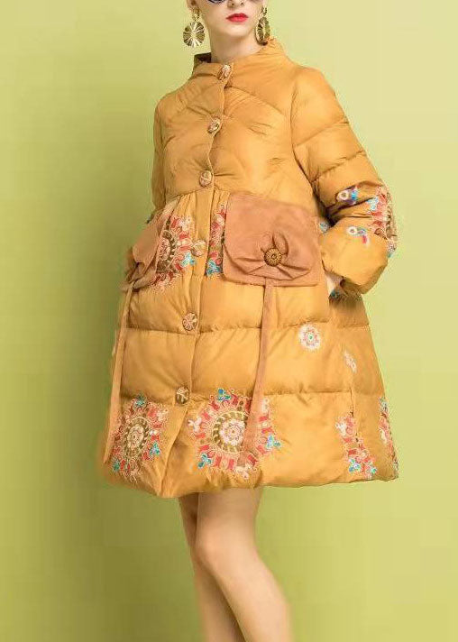 Modern Yellow Embroidered Button Fine Cotton Filled Parka Winter