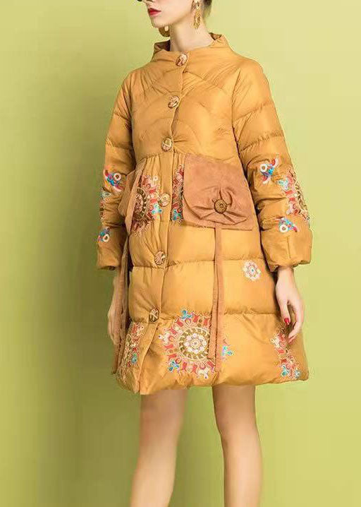 Modern Yellow Embroidered Button Fine Cotton Filled Parka Winter