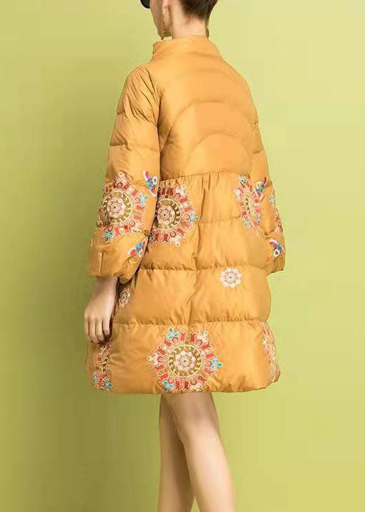 Modern Yellow Embroidered Button Fine Cotton Filled Parka Winter