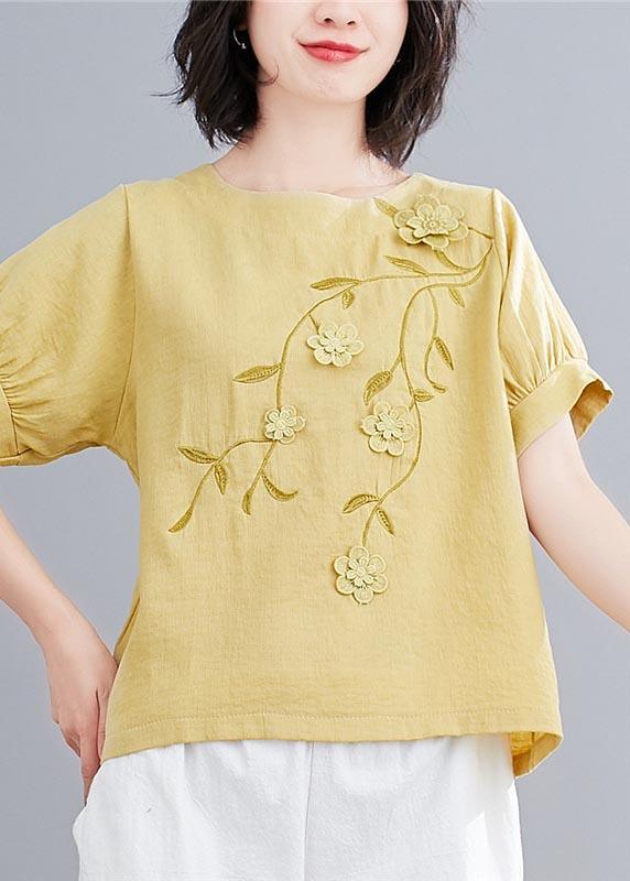 Modern Yellow Embroideried Floral Cotton Linen Blouse Tops Summer - Omychic