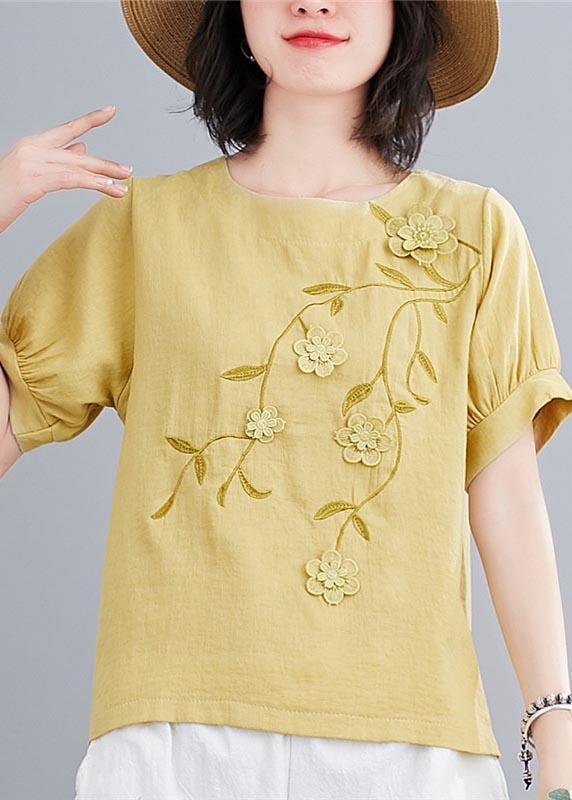 Modern Yellow Embroideried Floral Cotton Linen Blouse Tops Summer - Omychic