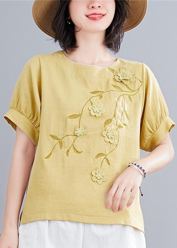 Modern Yellow Embroideried Floral Cotton Linen Blouse Tops Summer - Omychic