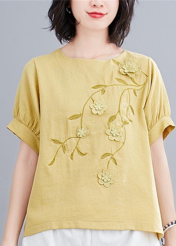 Modern Yellow Embroideried Floral Cotton Linen Blouse Tops Summer - Omychic