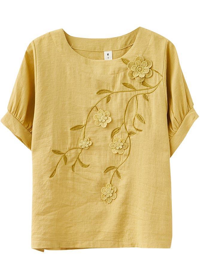 Modern Yellow Embroideried Floral Cotton Linen Blouse Tops Summer - Omychic
