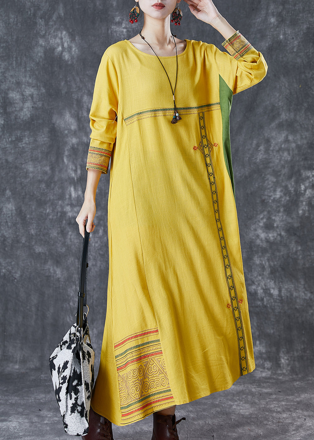 Modern Yellow Embroideried Patchwork Linen Maxi Dresses Spring
