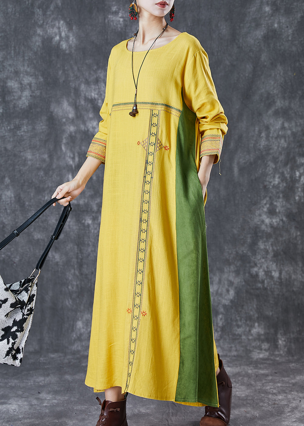 Modern Yellow Embroideried Patchwork Linen Maxi Dresses Spring