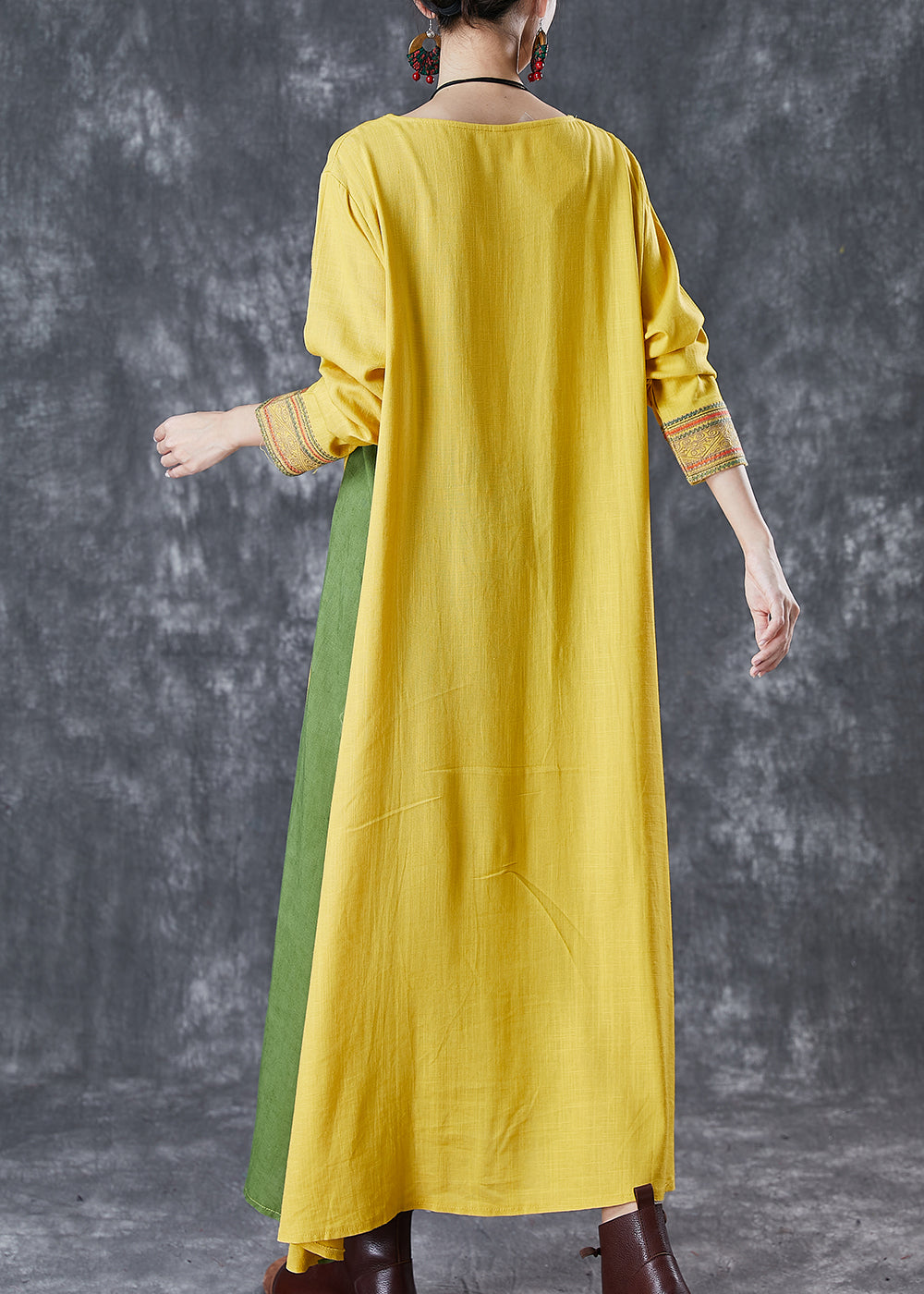 Modern Yellow Embroideried Patchwork Linen Maxi Dresses Spring